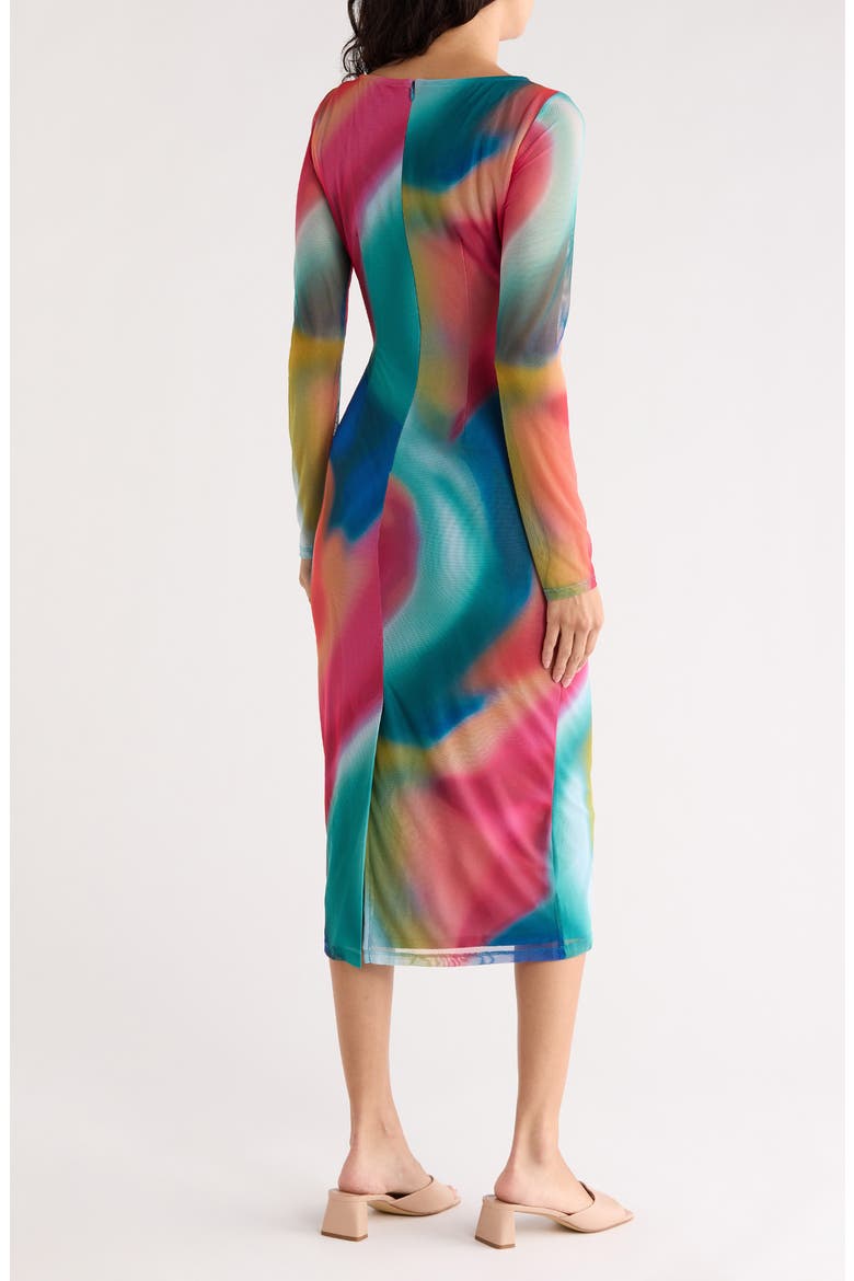 Long Sleeve Ruched Mesh Body-Con Dress, Alternate, color, PINK MULTI