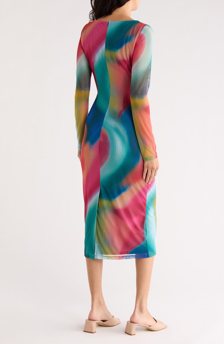 Vince Camuto Long Sleeve Ruched Mesh Body-Con Dress, Alternate, color, Pink Multi