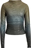 Open Edit Ruched Mock Neck Mesh Top