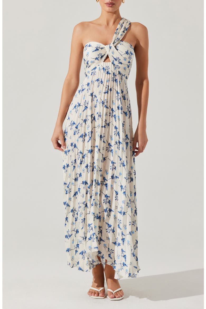 Rasya Floral Pleated One-Shoulder Maxi Dress, Main, color, WHITE BLUE FLORAL