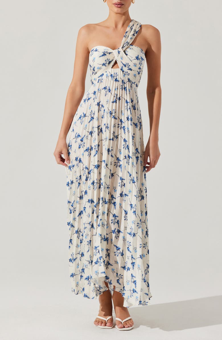 ASTR the Label Rasya Floral Pleated One-Shoulder Maxi Dress, Main, color, White Blue Floral