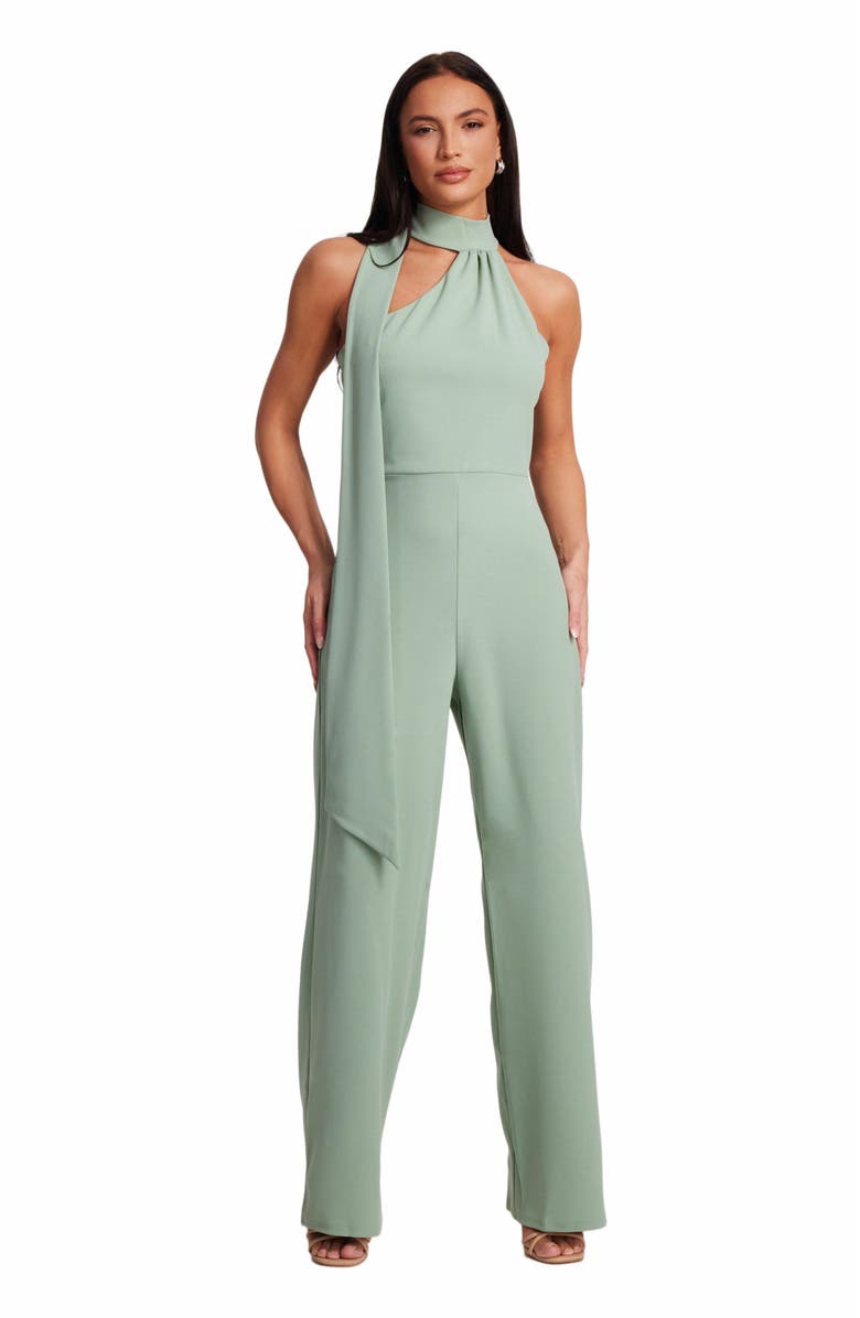 QUIZ Scuba Crepe Halter Neck Jumpsuit With Scarf Tie Detail, Main, color, 