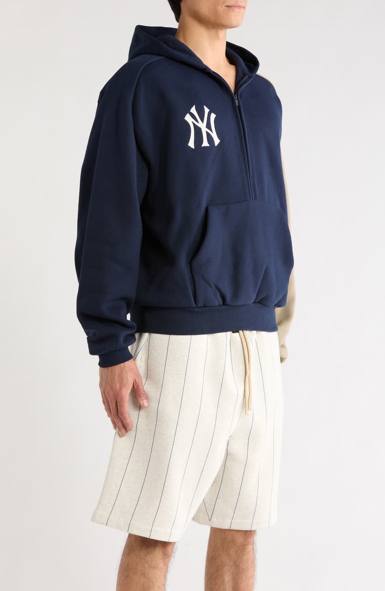 Fear of God Essentials x MLB New York Yankees Cotton Blend Fleece Half Zip Hoodie, Alternate, color, Dark Sapphire/ Overland