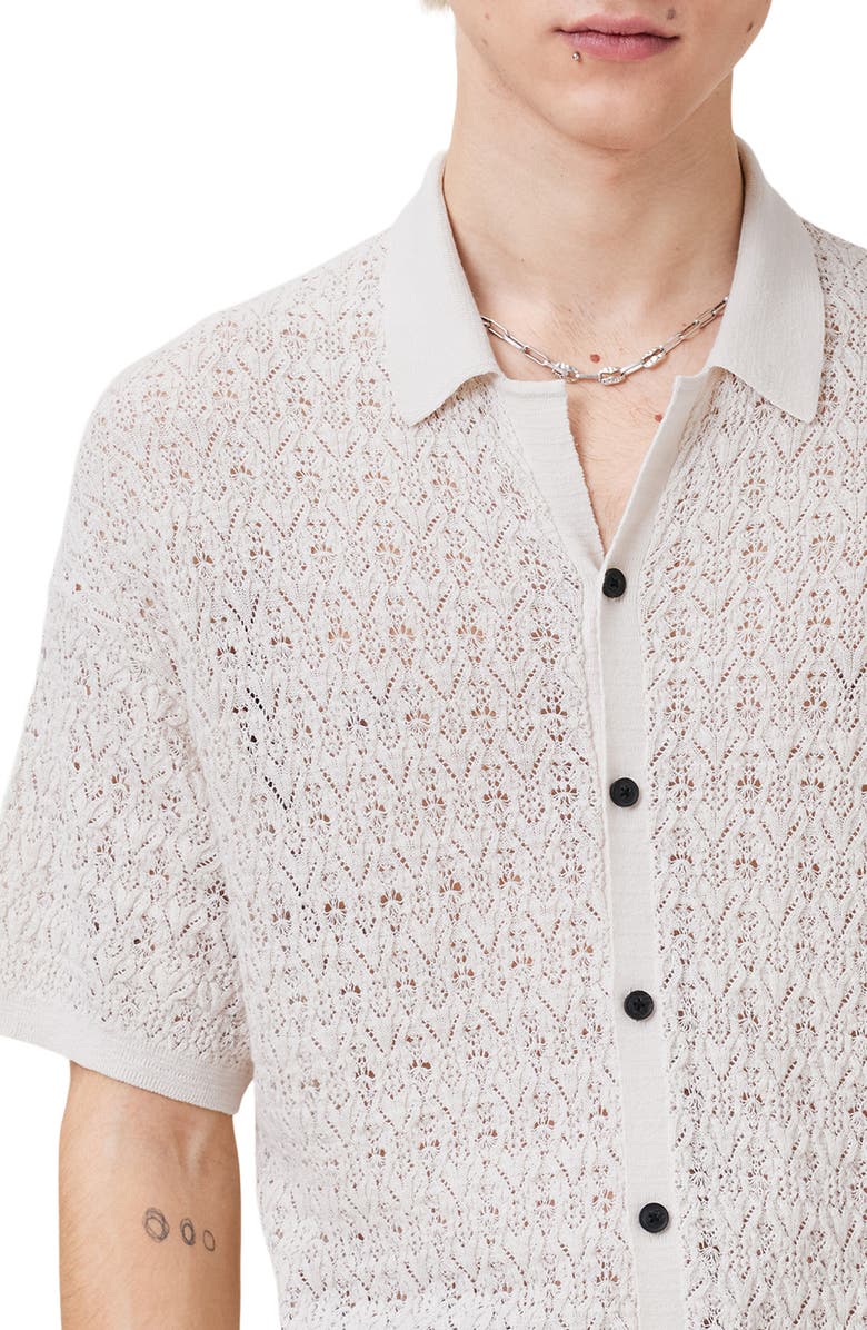 AllSaints Loire Open Stitch Cotton & Linen Button-Up Polo Sweater, Alternate, color, Ecru White