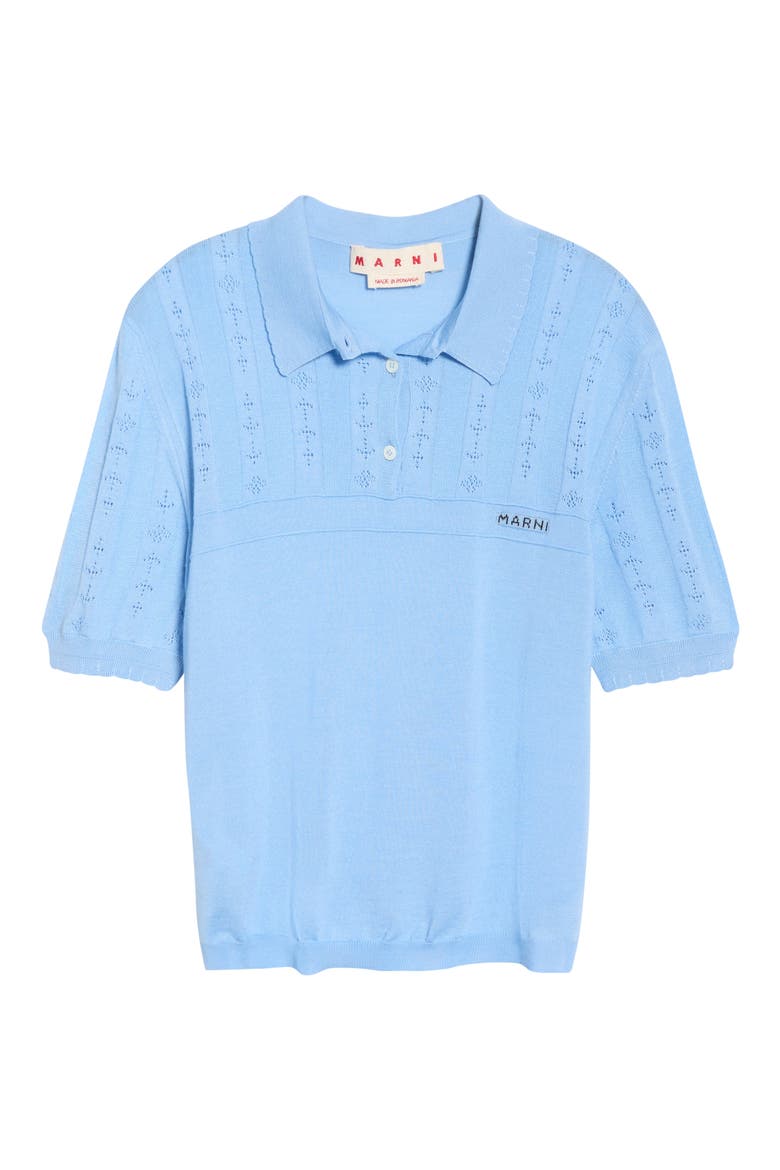 Short Sleeve Openwork Knit Virgin Wool & Silk Polo Sweater, Main, color, 00B39 POWDER BLUE