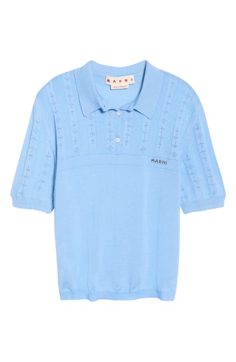 Short Sleeve Openwork Knit Virgin Wool & Silk Polo Sweater