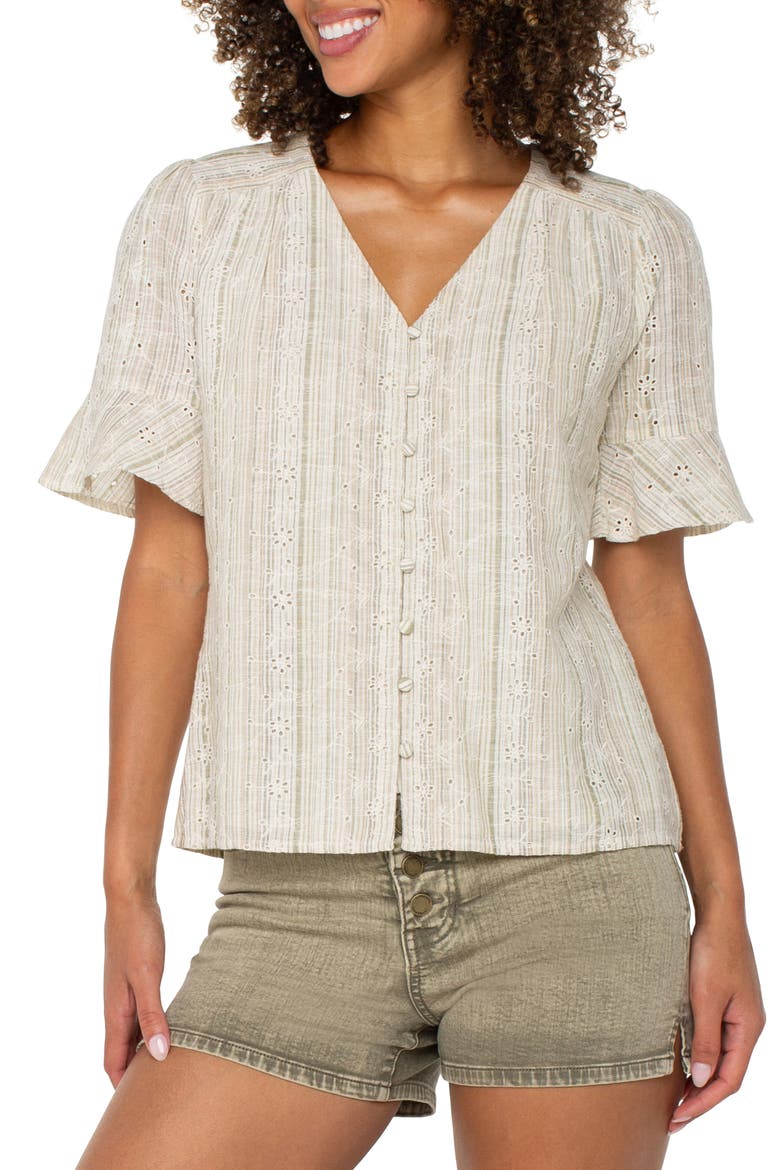 Stripe Eyelet Short Sleeve Button-Up Shirt, Alternate, color, GREEN/TAN STRIPE