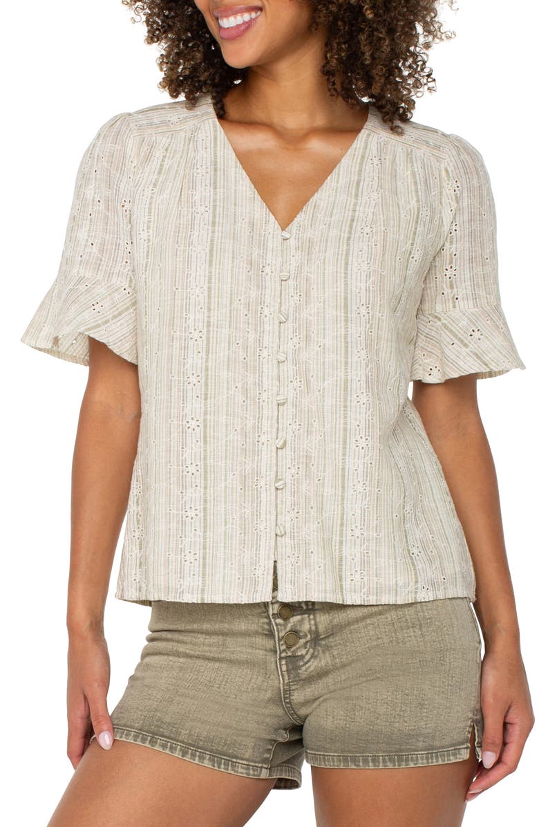 Liverpool Los Angeles Stripe Eyelet Short Sleeve Button-Up Shirt, Alternate, color, Green/Tan Stripe