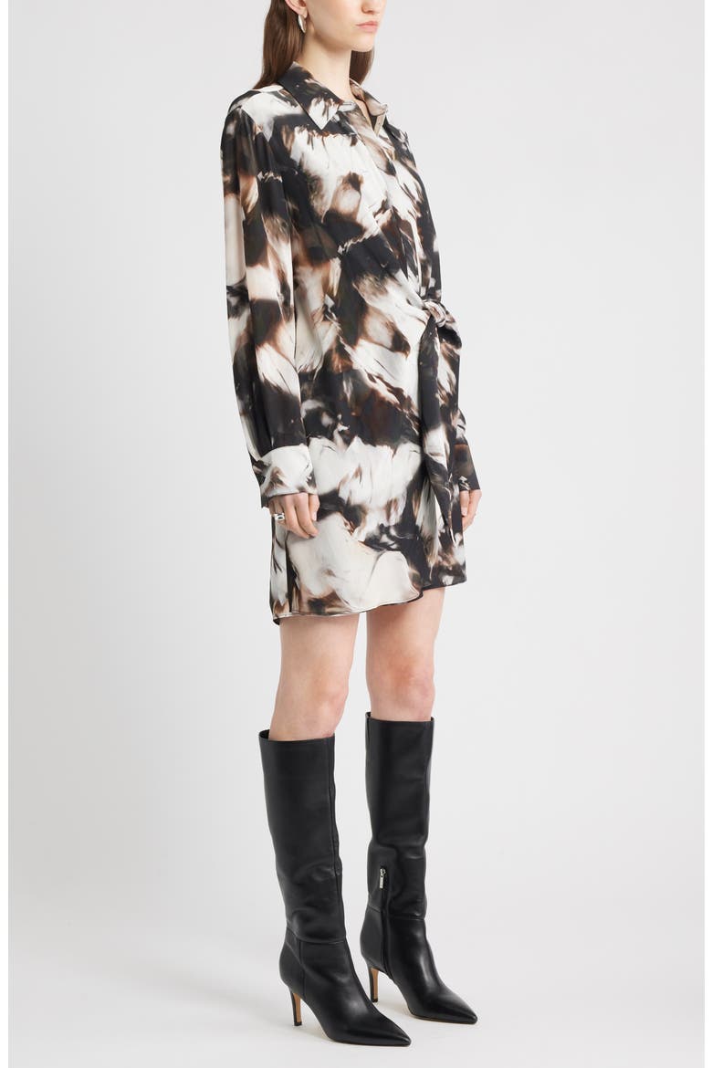 Tie Waist Long Sleeve Shirtdress, Alternate, color, BLACK- IVORY CELESTE ABSTRACT