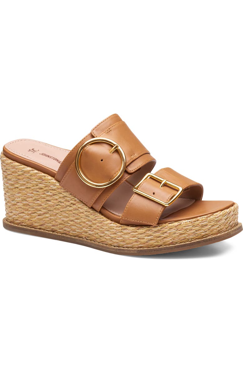 Johnston & Murphy Mallory Double Buckle Platform Wedge Sandal, Main, color, Cognac Nappa Leather