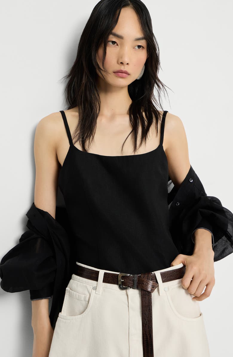 Brunello Cucinelli Fluid twill top with monili, Alternate, color, Black