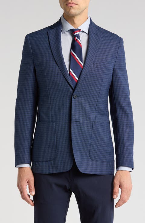 Slim Fit Blue Check Notch Lapel Wool Blend Sport Coat (Short, Regular & Long)