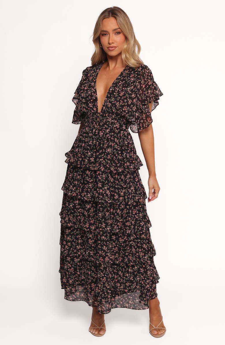 Petal & Pup Wendi Print Tiered Maxi Dress, Alternate, color, Black Floral
