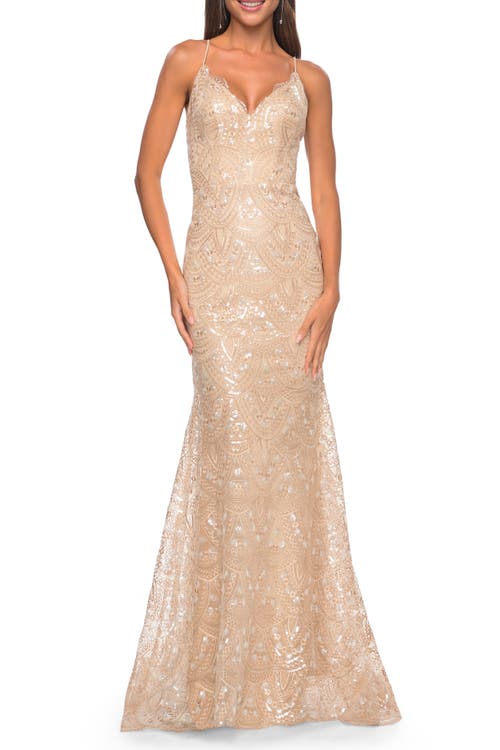 La Femme Print Sequin Mermaid Dress With Lace Up Back