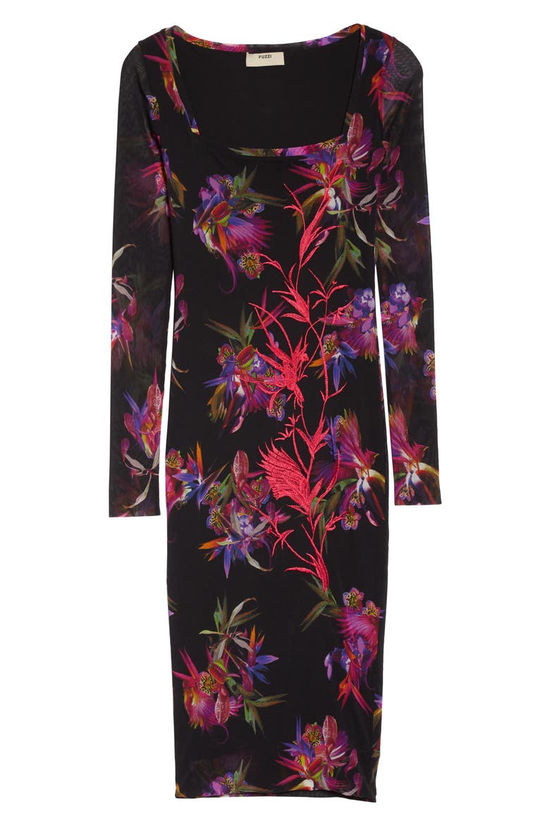 Floral Embroidered Long Sleeve Dress, Alternate, color, NERO