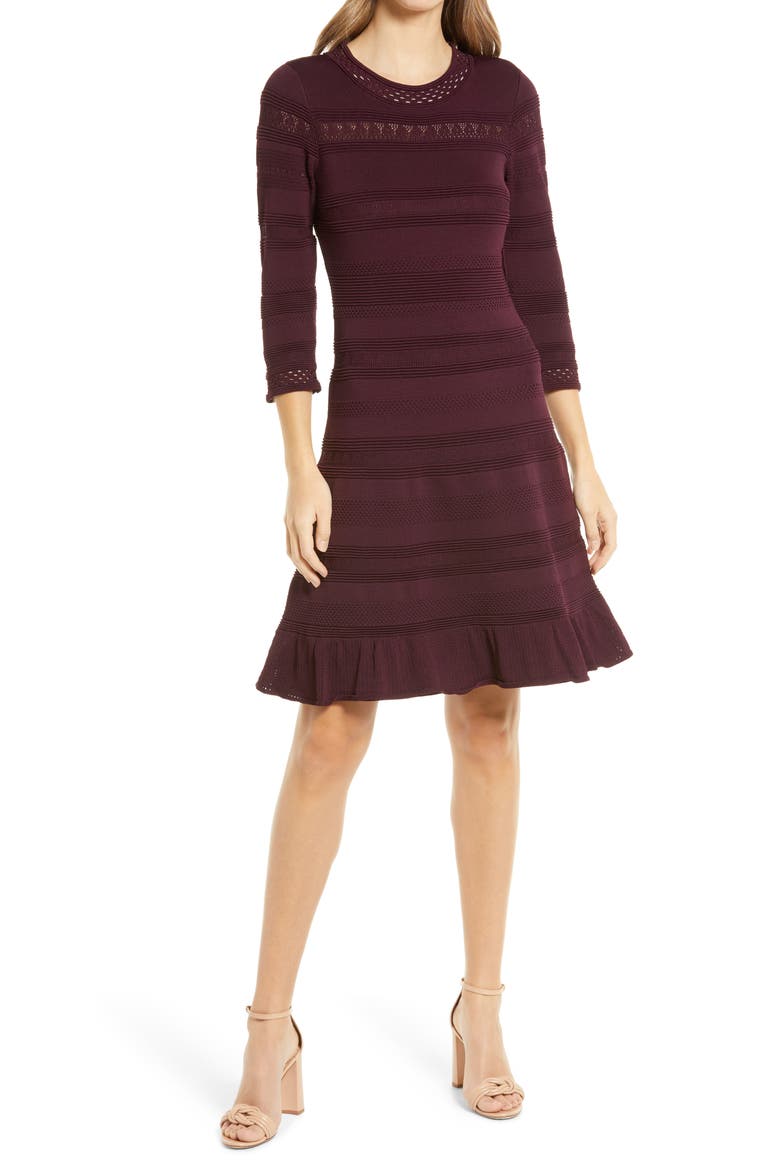 Textured Fit & Flare Dress, Main, color, WINE