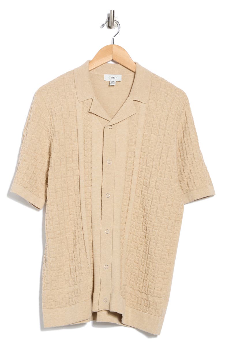 TRUTH Camp Collar Short Sleeve Snap Front Sweater, Alternate, color, Sand Heather