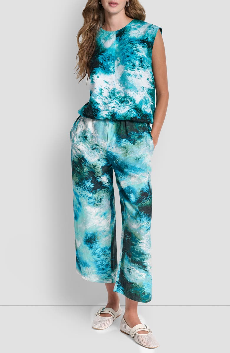 DKNY Brushstroke Print Drawstring Waist Linen Top, Alternate, color, Tidal Brushstroke