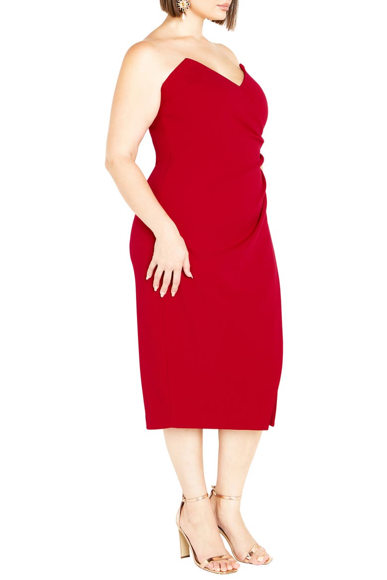 Luisa Strapless Side Pleat Midi Dress, Alternate, color, LOVE RED