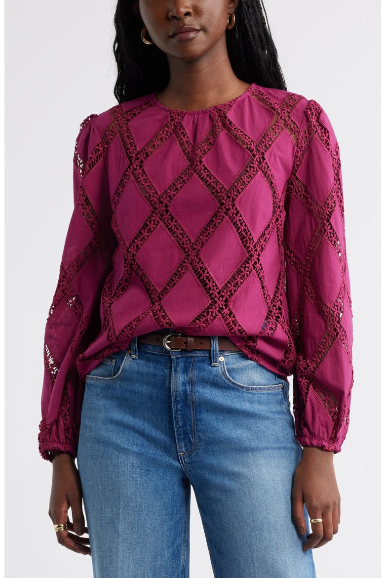 Lattice Lace Sheer Cotton Top, Main, color, BURGUNDY BEAUTY