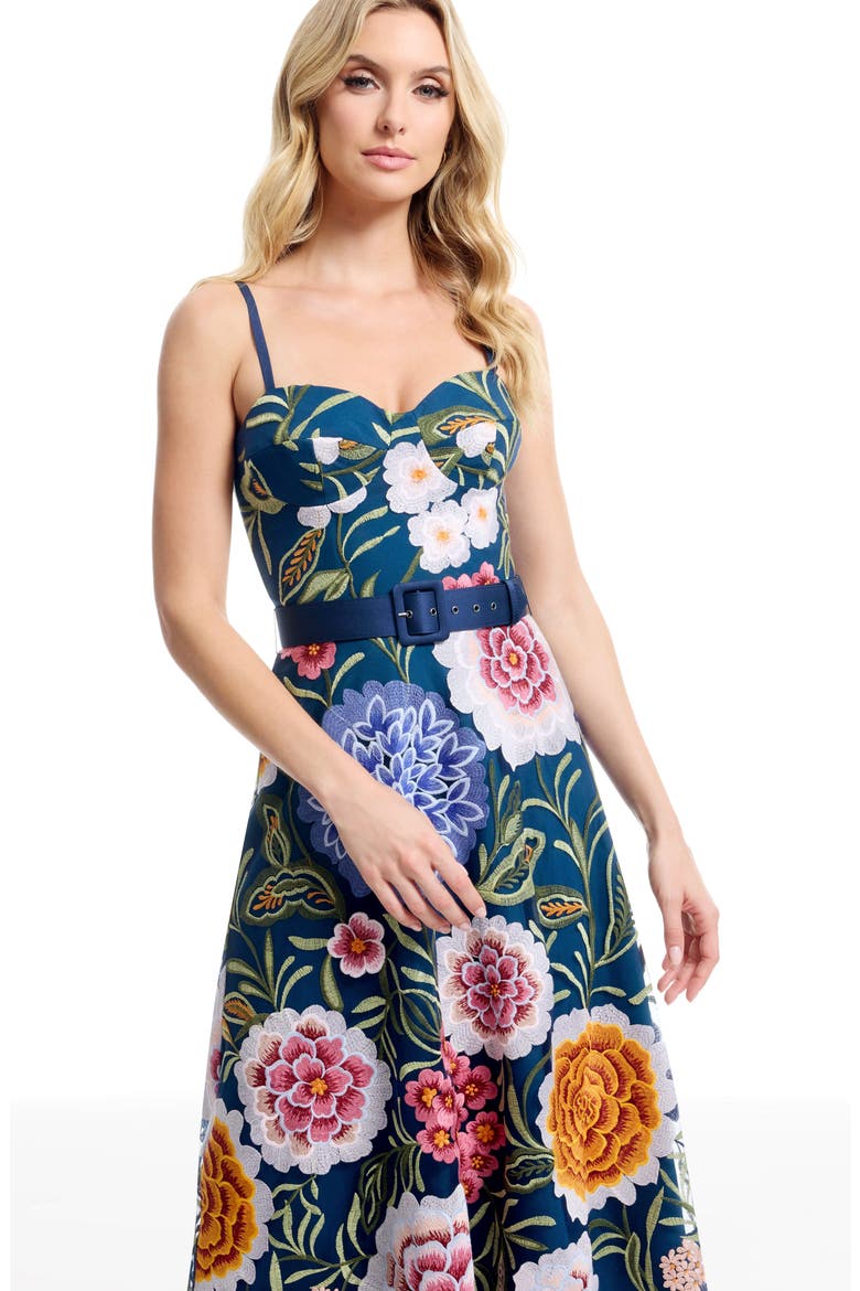 Carlita Belted Floral Embroidered Midi Cocktail Dress, Alternate, color, NAVY MULTI