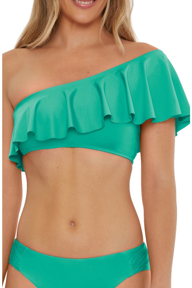 Monaco Ruffle One-Shoulder Bikini Top, Main, color, GUITAR GREEN