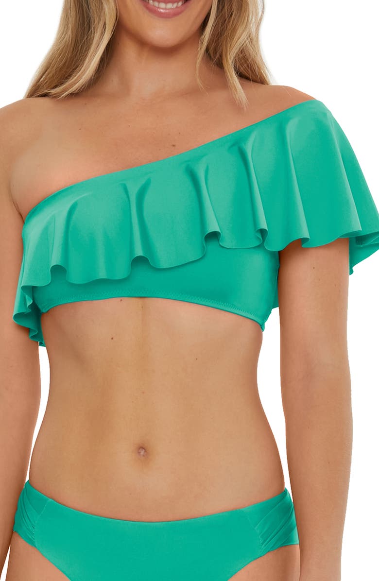 Trina Turk Monaco Ruffle One-Shoulder Bikini Top, Main, color, Guitar Green
