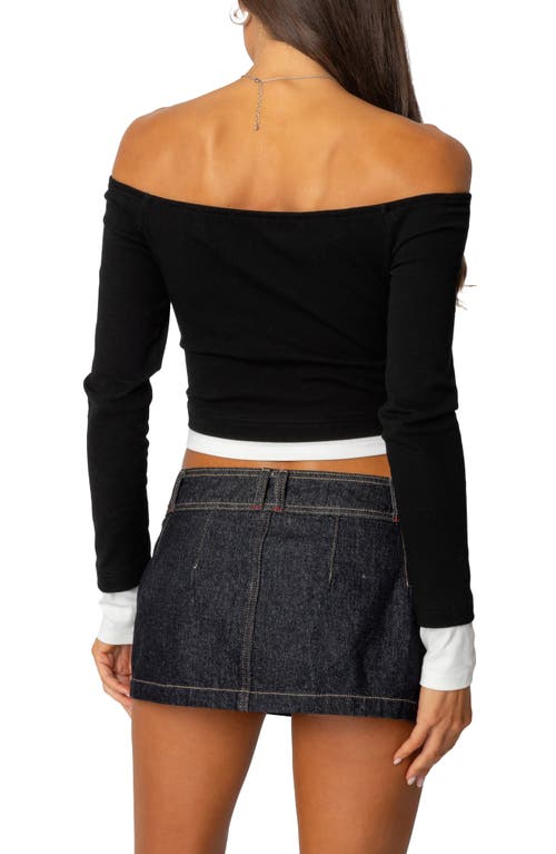 Edikted Jovi Layered Off The Shoulder Crop Top In Black-and-white