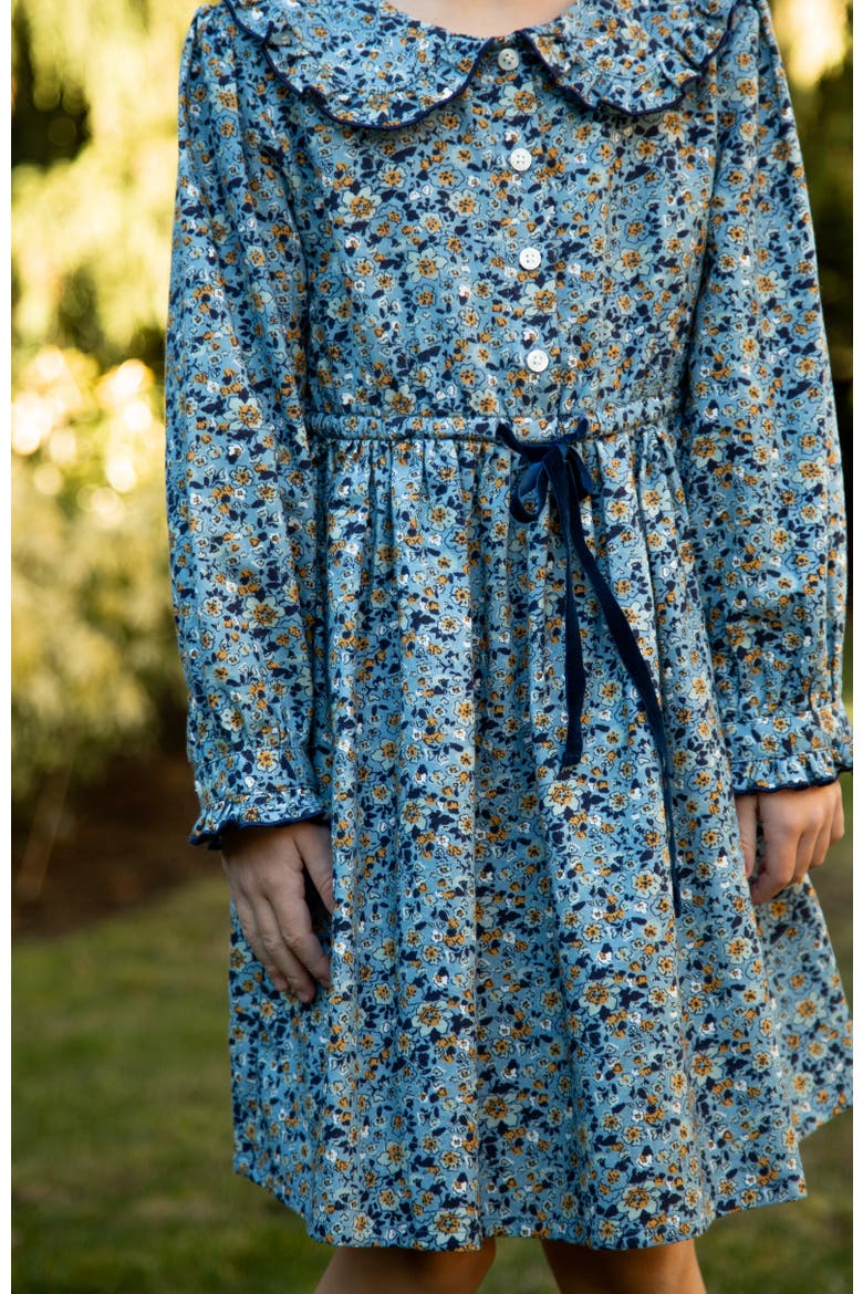 Little Kid Adelaide Velvet Tie Dress, Alternate, color, Blue and Mustard