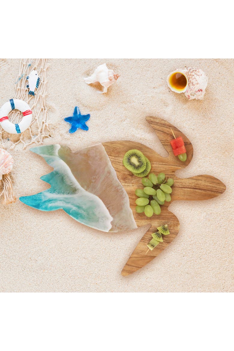 Sea Turtle Wave Coastal Wood Novelty Animal Shaped Serving Platter 12.5" x 16", Alternate, color, Blue
