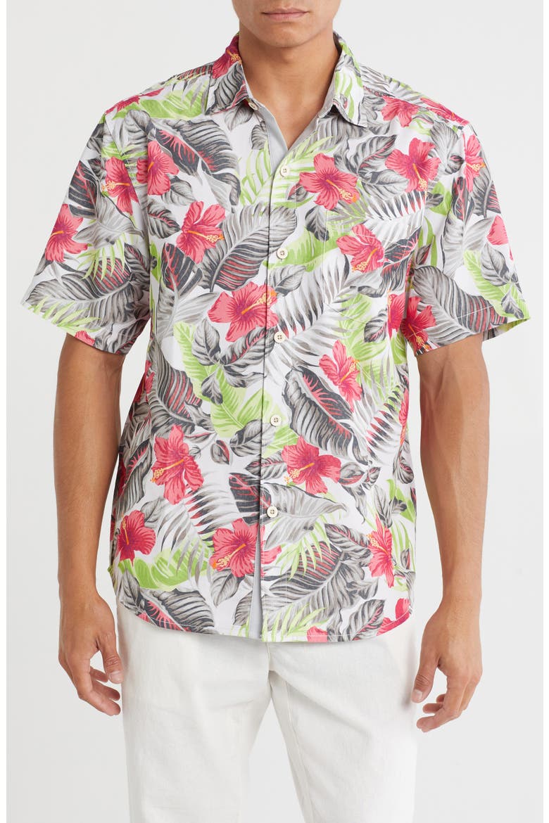 Coconut Point Hibiscus Shores Short Sleeve Button-Up Shirt, Main, color, SUMMER GREY