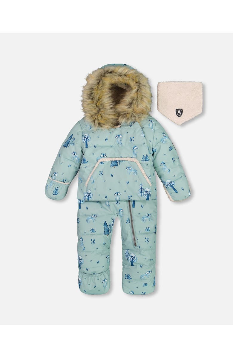 Deux par Deux Baby Boy's One Piece Baby Hooded Snowsuit Sage Printed Racoons Designed For Car Seat, Main, color, 
