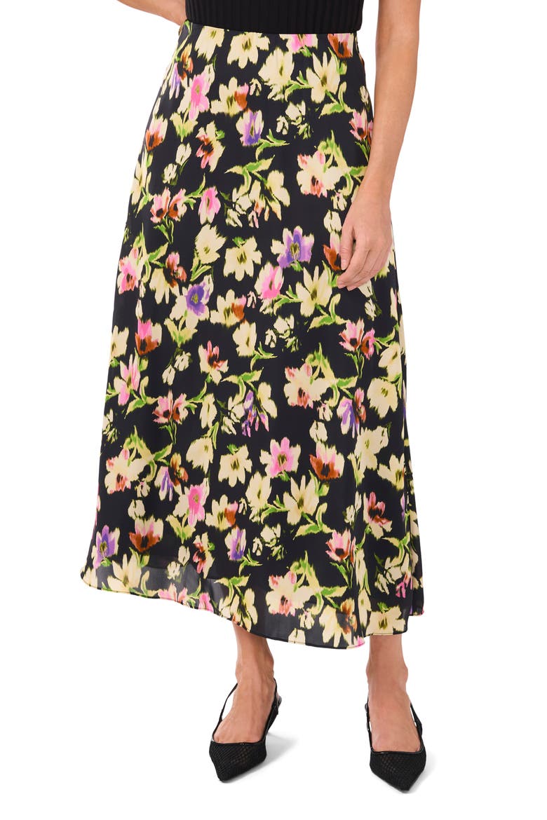 Floral Charmeuse Slip Skirt, Main, color, RICH BLACK
