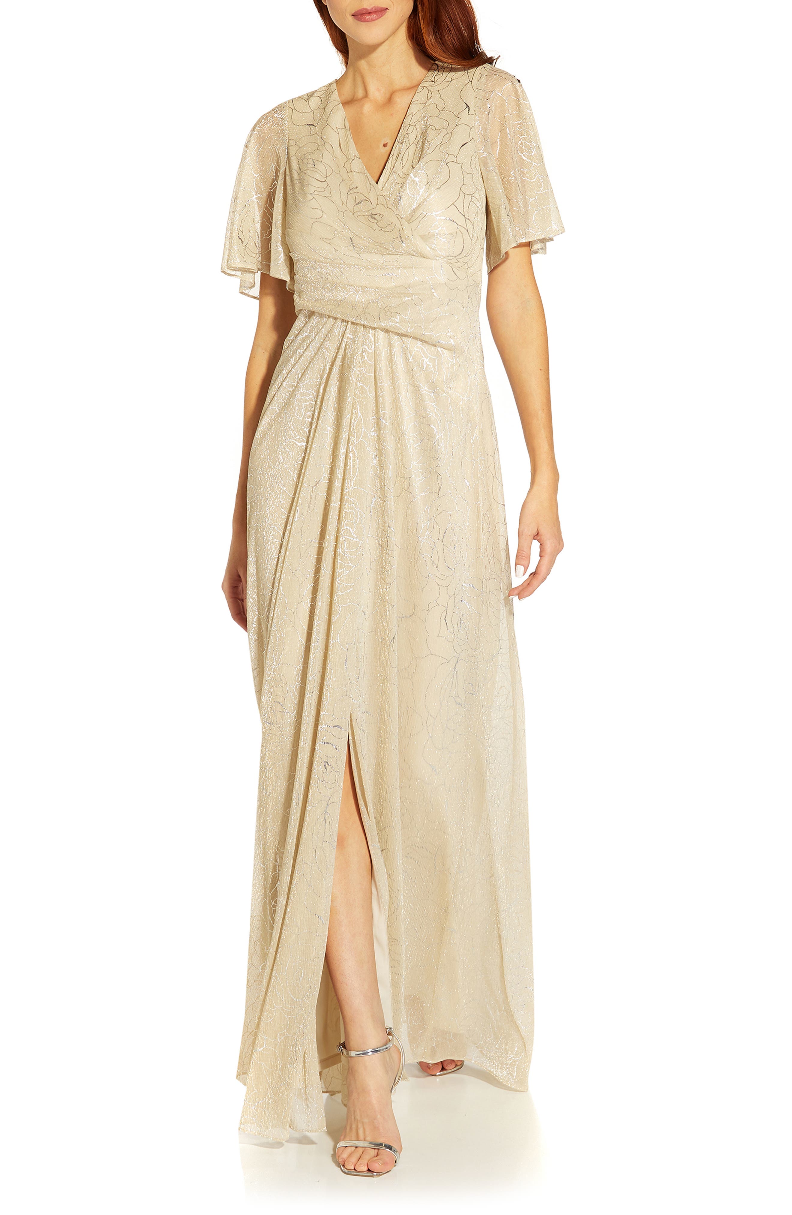 Metallic Mesh Drape A-Line Gown