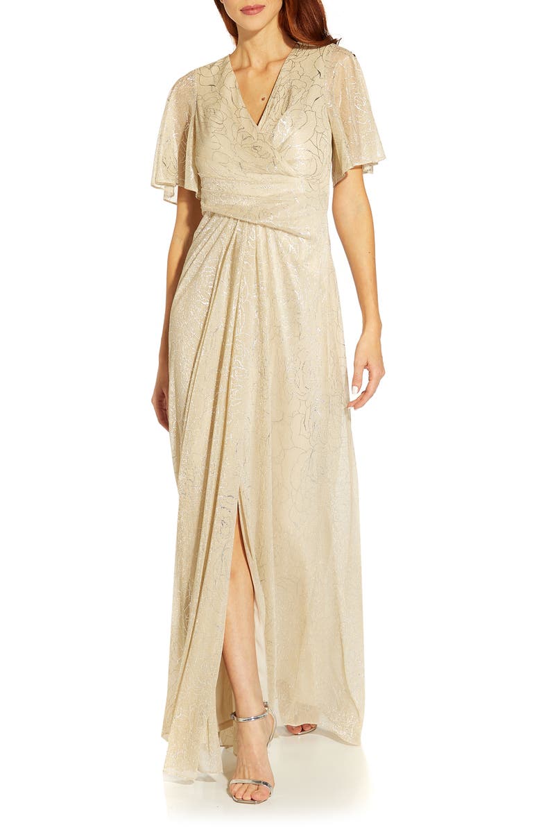 Adrianna Papell Metallic Mesh Drape A-Line Gown, Main, color,
