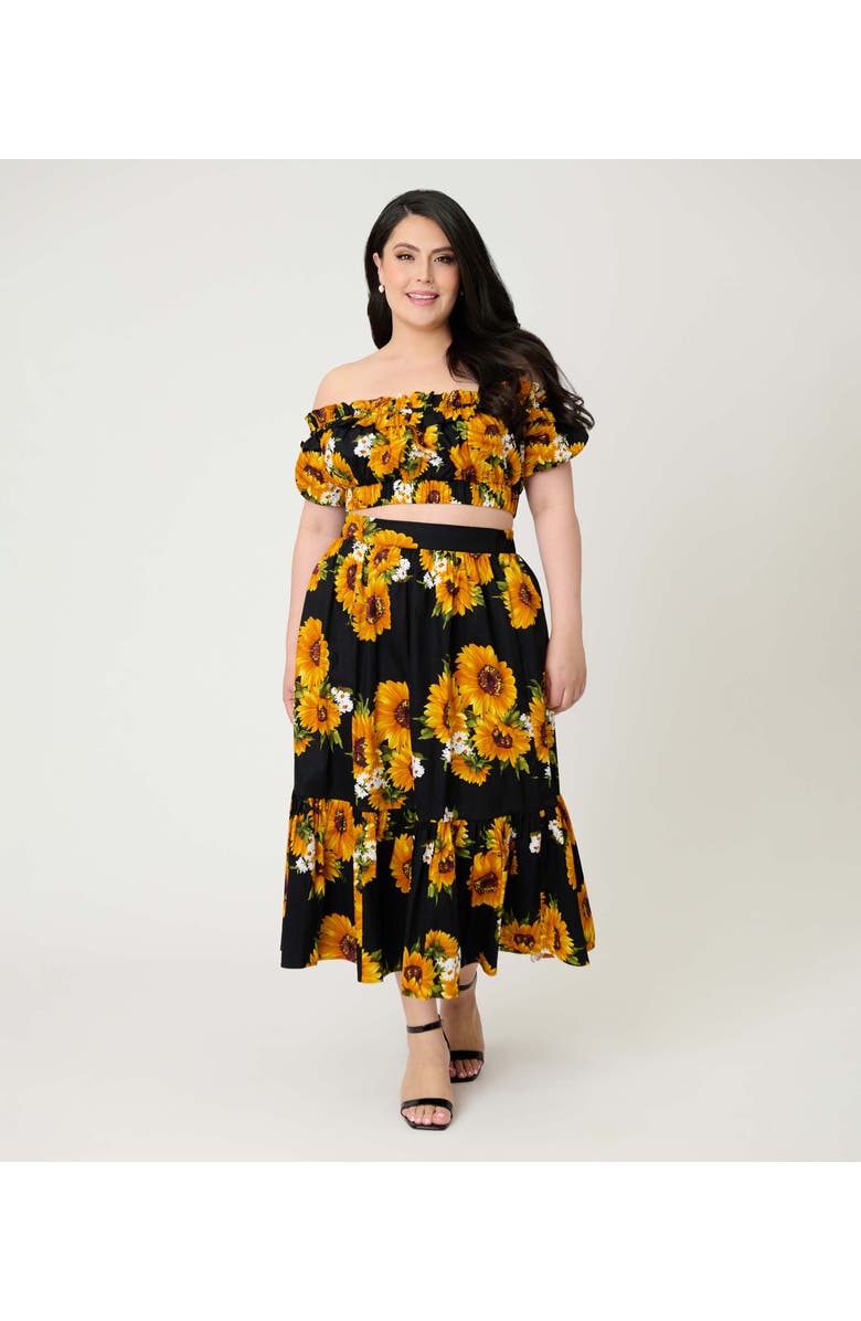 Unique Vintage Plus Size 1970s Off Ruffle Up Crop Top, Alternate, color, Black Floral Print