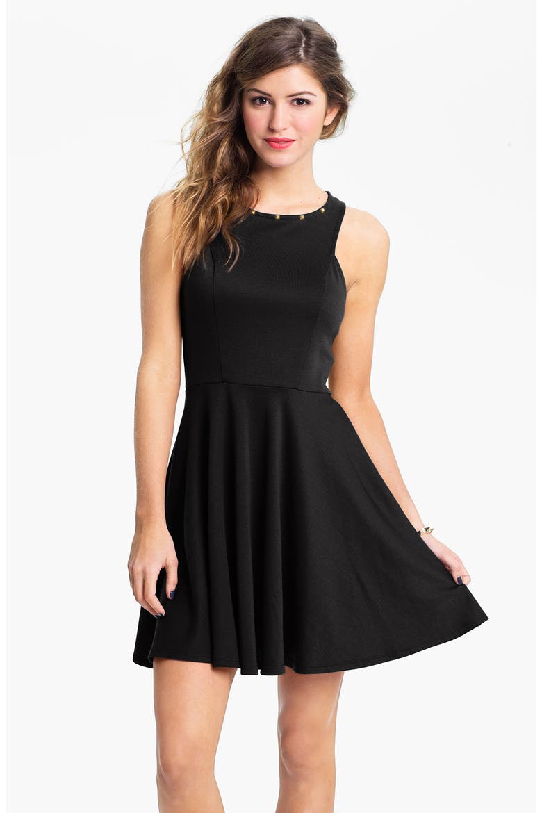 Lush Stud Neck Skater Dress, Main, color, BLACK