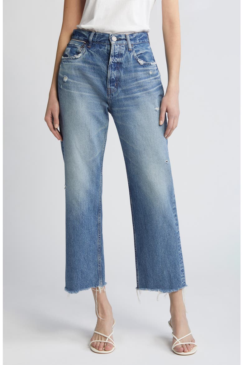 Peccole Frayed High Waist Ankle Relaxed Straight Leg Jeans, Main, color, DARK BLUE