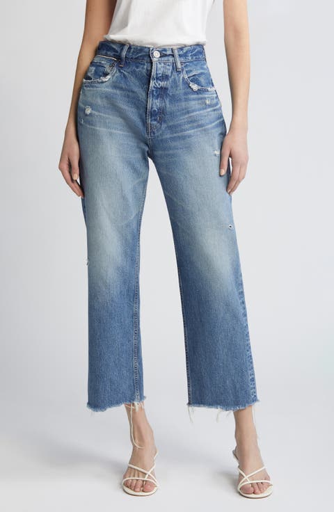 Peccole Frayed High Waist Ankle Relaxed Straight Leg Jeans
