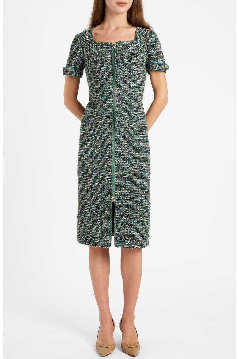 Bri Short Sleeve Zippered Tweed Dress, Alternate, color, Evergreen