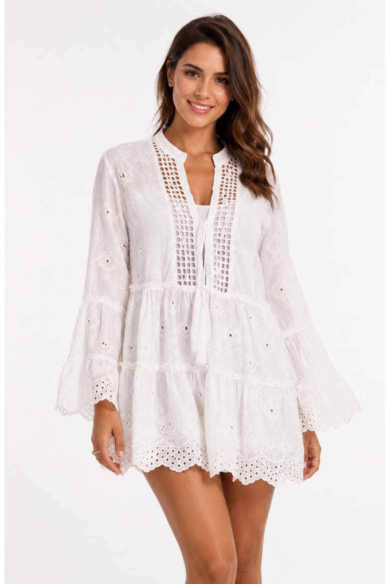 Long Sleeve Cotton Eyelet Dress, Alternate, color, WHITE