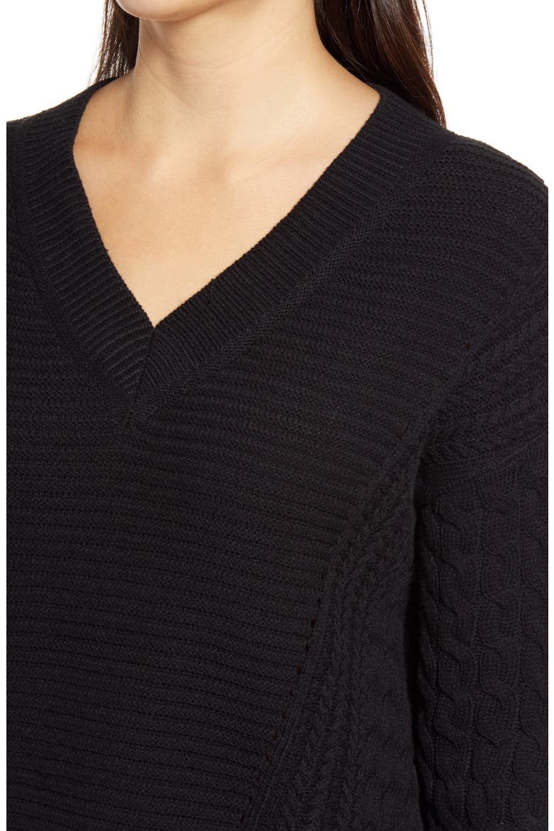 Cable V-Neck Sweater, Alternate, color, BLACK