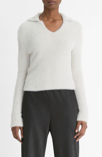 Vince Eyelash Polo Sweater In White