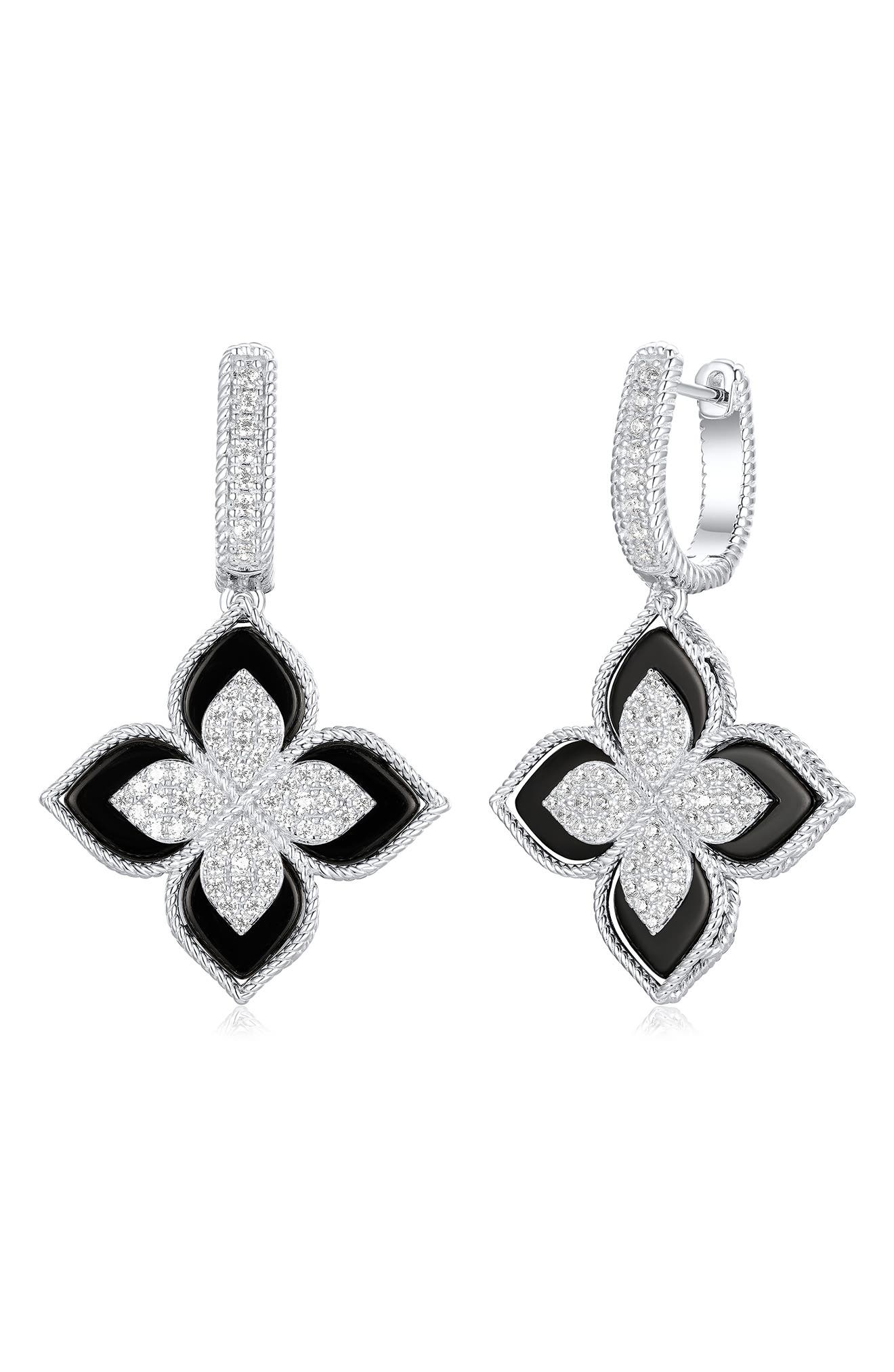 SUZY LEVIAN Pavé Cubic Zirconia Floral Drop Huggie Hoop Earrings