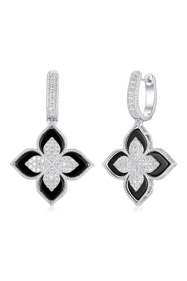 Pavé Cubic Zirconia Floral Drop Huggie Hoop Earrings, Main, color, BLACK