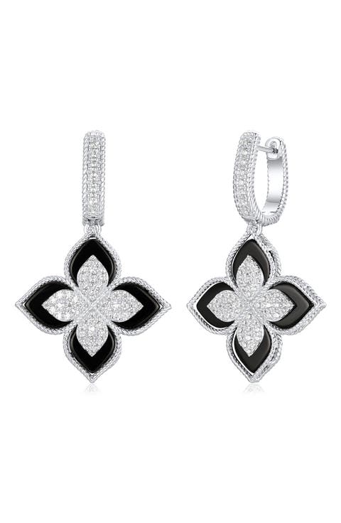 Pavé Cubic Zirconia Floral Drop Huggie Hoop Earrings