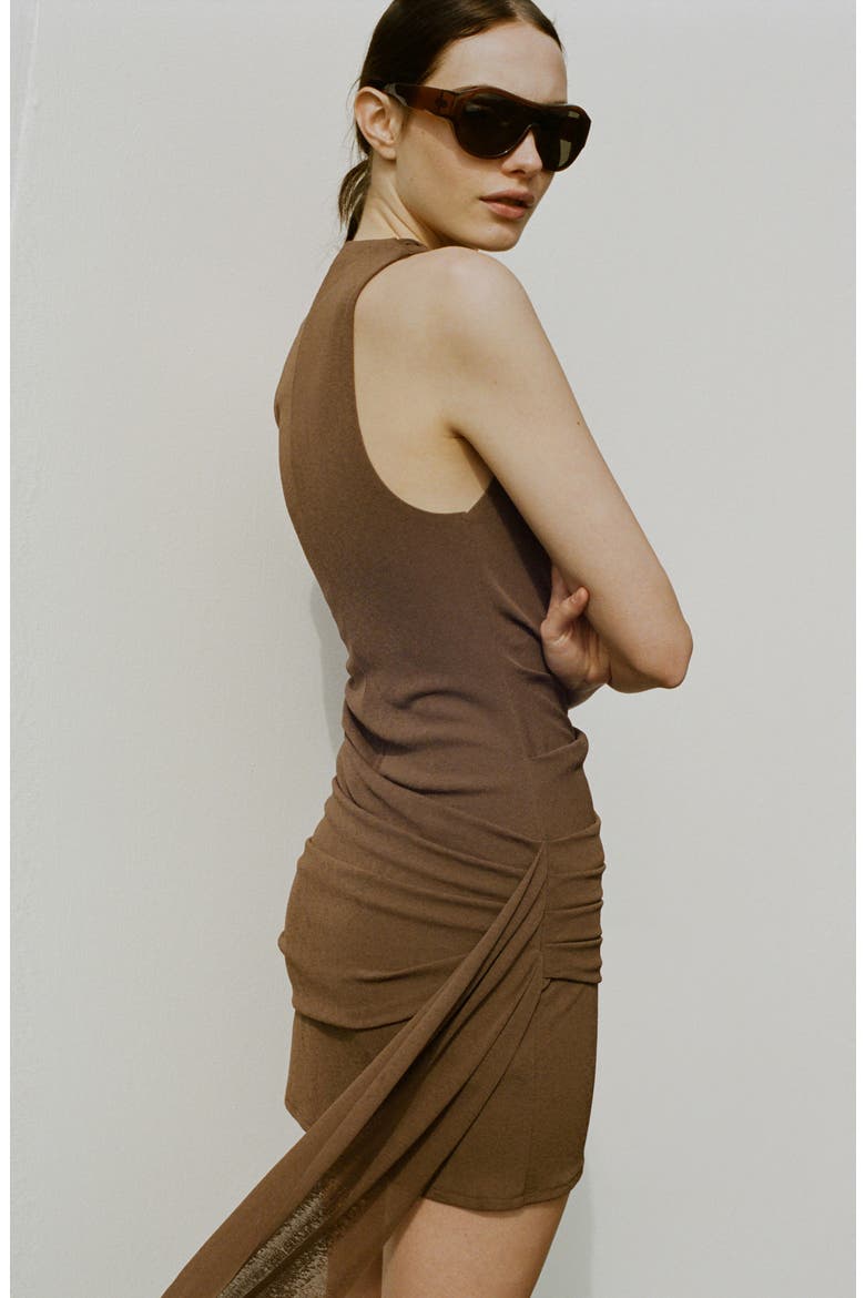 Drape Neck Ruched Minidress, Alternate, color, BROWN