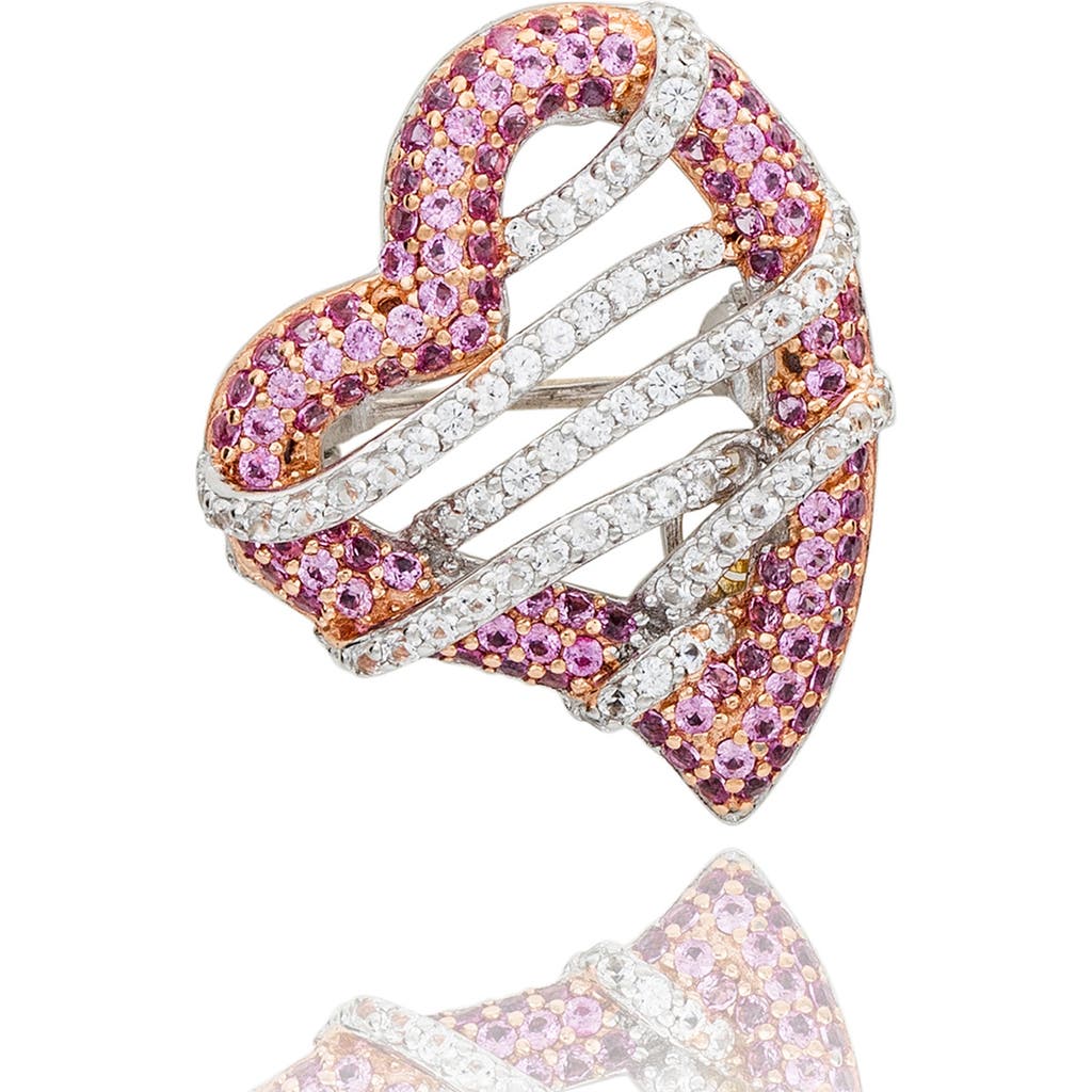 Suzy Levian Diamonds Two-tone Pink & White Sapphire Heart Brooch In Pink