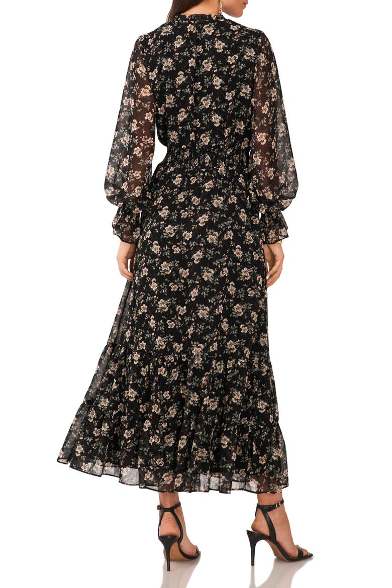 Floral Long Sleeve Midi Dress, Alternate, color, RICH BLACK