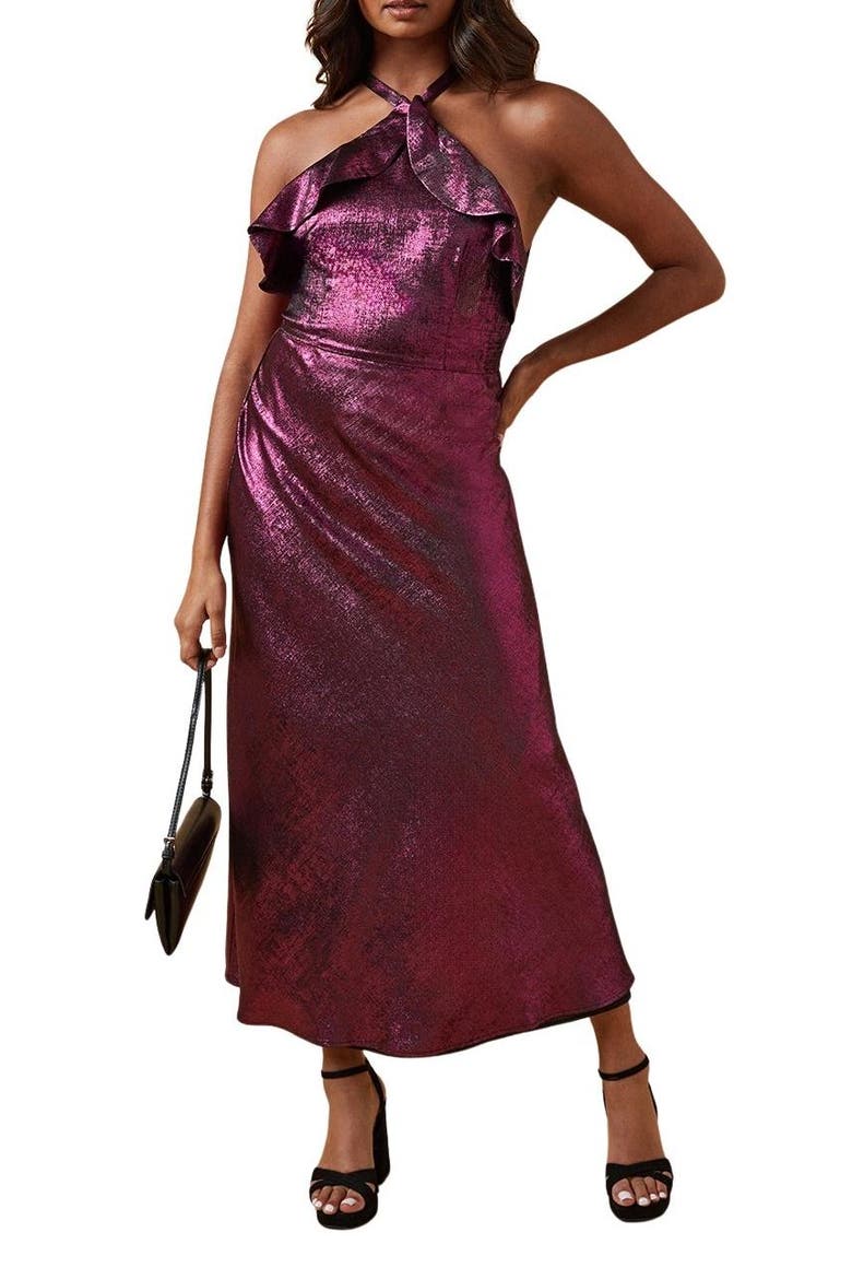 Foil Halterneck Ruffle Foil Midaxi Dress, Alternate, color, Pink